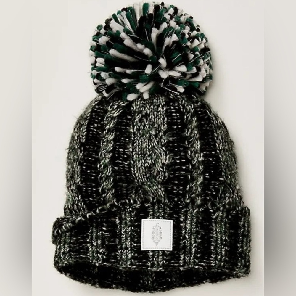 Free People Pom Party Reflective Logo Beanie NWOT GREEN